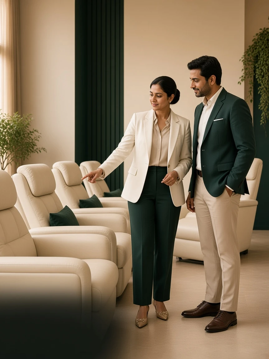 Indian franchise partners reviewing a premium Foot Relief reflexology lounge