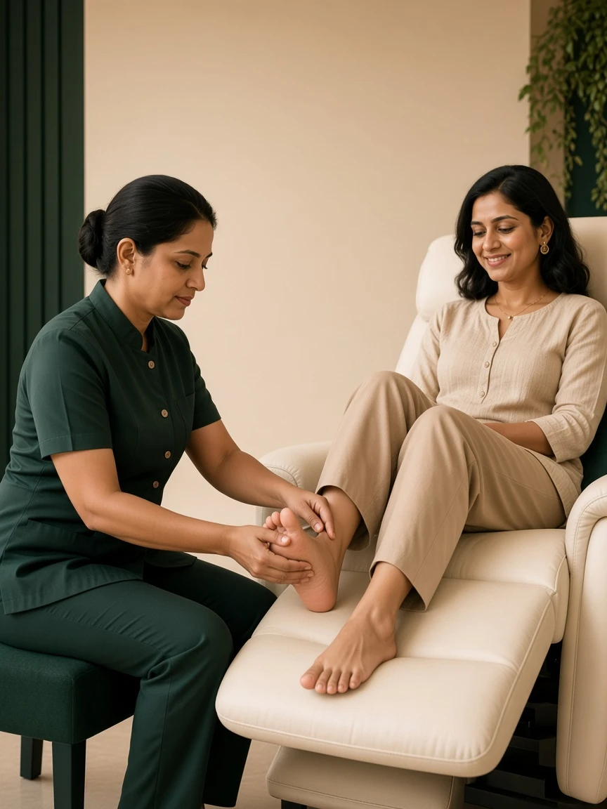 Indian therapist applying precise reflexology pressure while both of the seated client’s feet rest naturally on the recliner