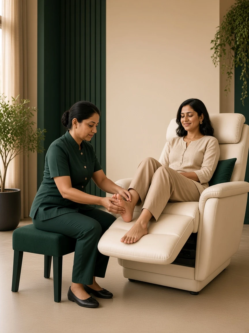 Relaxed Indian client receiving seated foot reflexology in a premium lounge
