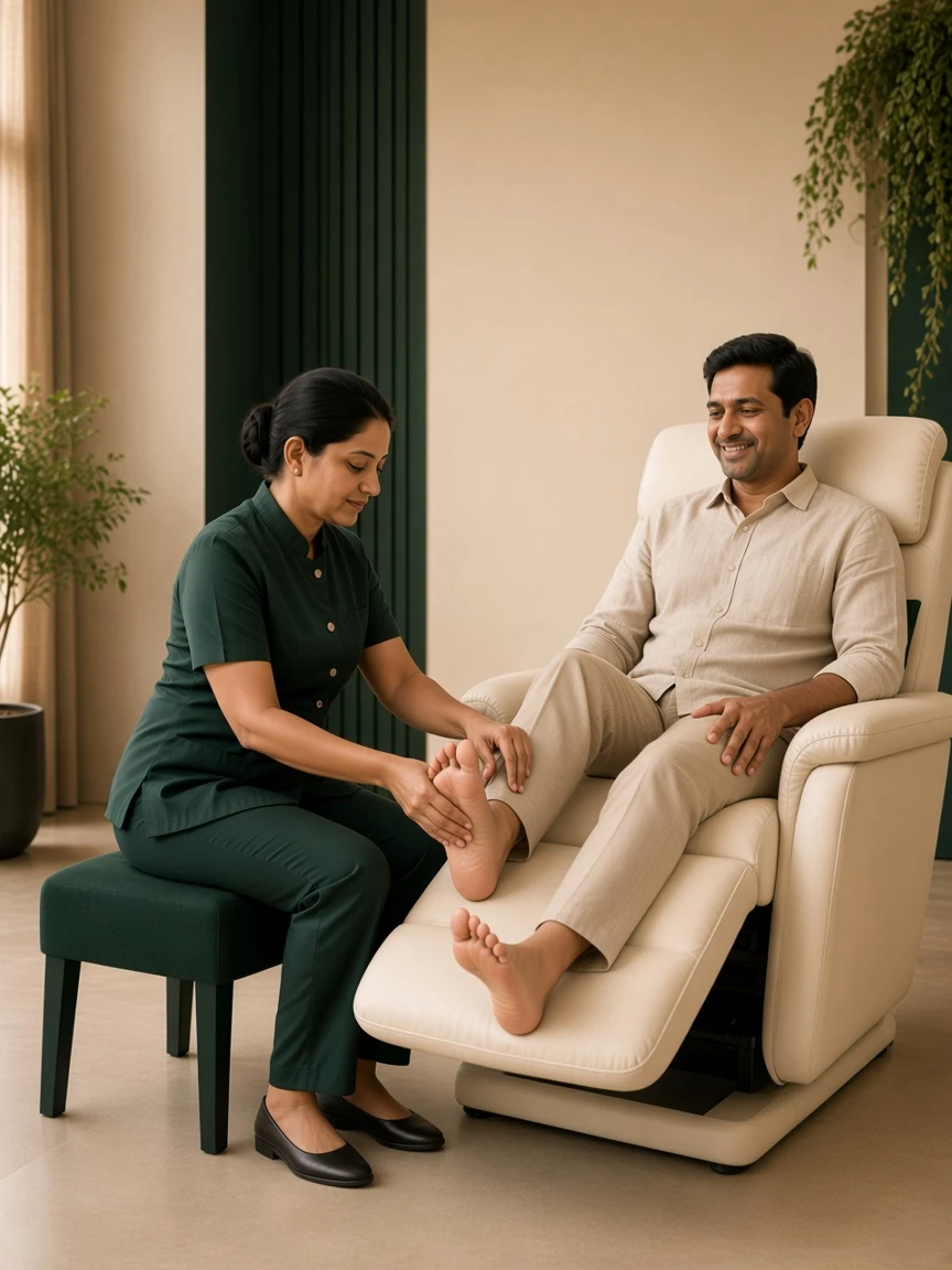 Refreshed Indian client completing a professional seated foot reflexology session