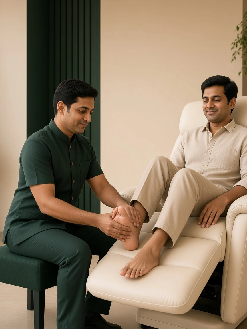 Indian client receiving professional foot reflexology while seated in an ivory recliner