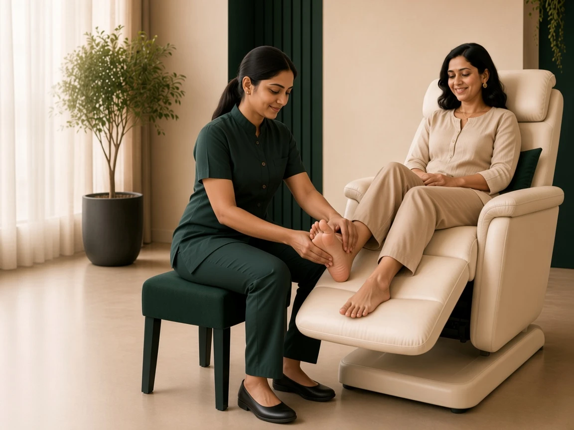 Indian therapist providing a 45-minute seated foot reflexology session