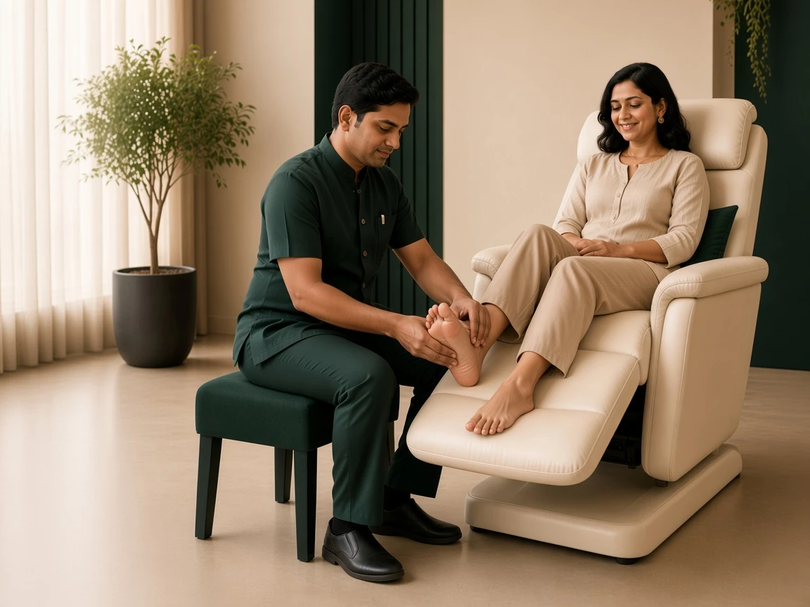 Foot Relief reflexologist following the seated foot care service protocol