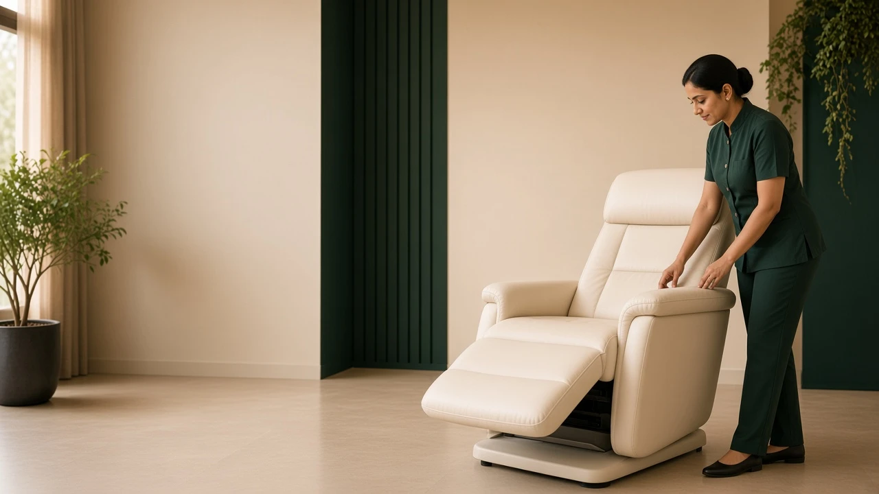 Foot Relief team member preparing a premium ivory reflexology recliner